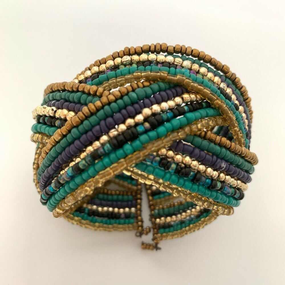 Los Angeles Boutique Beaded Adjustable Statement Bracelet Bangle Boho Teal Blue